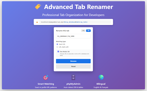 Advanced Tab Renamer - Custom Names & Icons :: Rename any tab & set a custom favicon by URL, prefix, or regex. phpMyAdmin DB detection. Bilingual EN/FR. For all users !