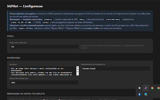 SGPilot :: Automacao inteligente de atendimento - SGP TSMX e Papervines (versao extensao Chrome).