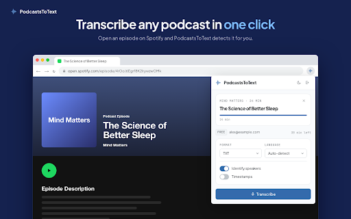 PodcastsToText :: Transcribe Spotify, Apple Podcasts, YouTube and TikTok to text with one click