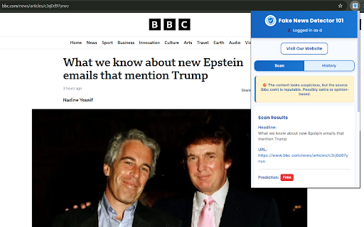 Fake News Detector 101 :: AI-powered browser extension that detects misleading or false news on any webpage in real time.
