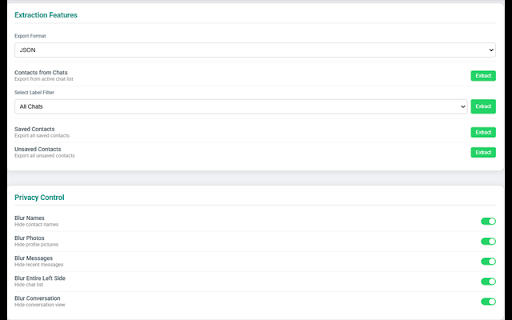 WhatsApp Web Contact & Chat Extractor :: Contact saver from WhatsApp to save contacts from chats, groups, and labels in CSV, JSON ad & with WhatsApp Web privacy features.