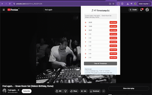 YouTube Timestamp DJ :: Assign timestamps to keyboard keys QWERTYUIOP and jump to them while watching YouTube videos