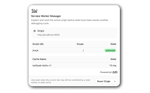 Service Worker Manager :: Inspect and reset service workers and Cache Storage for the current origin, especially on localhost.