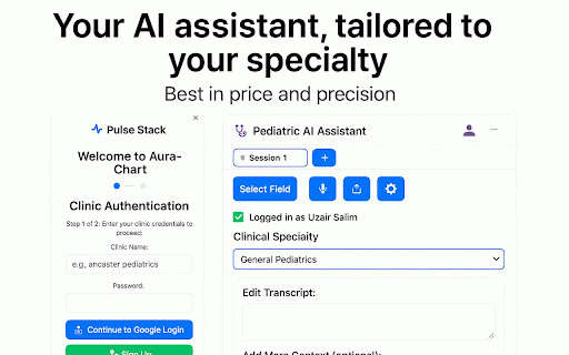 Aura-Chart :: Floating assistant panel with transcription and clinical note generation.