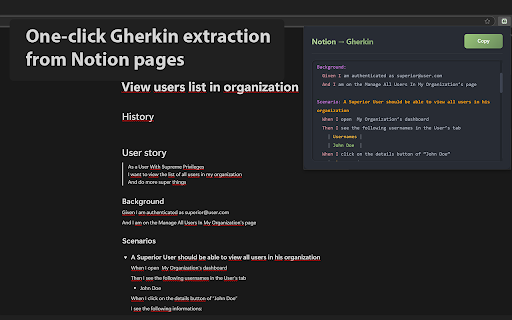 Kiokombra - A Notion to Gherkin converter :: Kiokombra is a clean and efficient Chrome extension that instantly converts your Notion pages into beautifully formatted Gherkin…