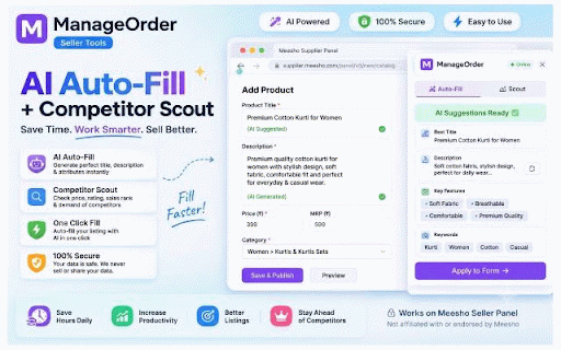 ManageOrder — Listing Auto-Fill & Product Research :: AI listing auto-fill, product & market research, photo sync & support-ticket helper for your online seller panel. By ManageOrder.in.
