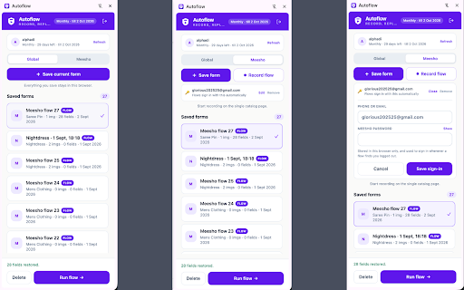 Autoflow by Cropperji :: Automates Meesho catalog listings: record, save, and replay form fills and multi-step flows locally in your browser.
