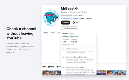 Monetization Checker for YouTube :: Check if a YouTube channel is monetized. One click on a channel or video, with the signals behind the verdict.