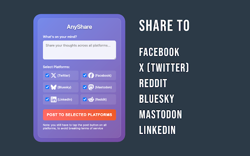 AnyShare - Multi-Platform Social Media Poster :: Share content across 6 social media platforms simultaneously.