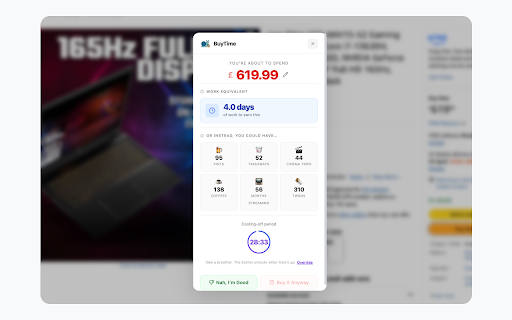 BuyTime – Think Before You Spend :: See every purchase in pints, takeouts & work hours. Add a cooling-off timer so impulse buys don't stand a chance.