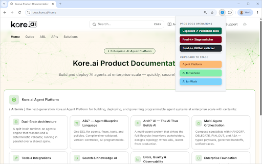 Docs Tools :: Access Kore.ai docs environments - prod, stages, and GitHub source.
