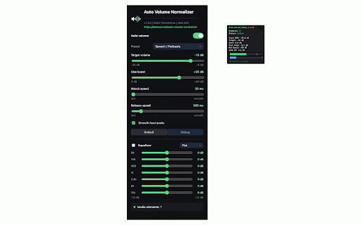 Auto Volume Normalizer :: Automatically raises quiet audio, compresses loud passages, limits peaks and tunes tone with a 7-band equalizer on web pages.