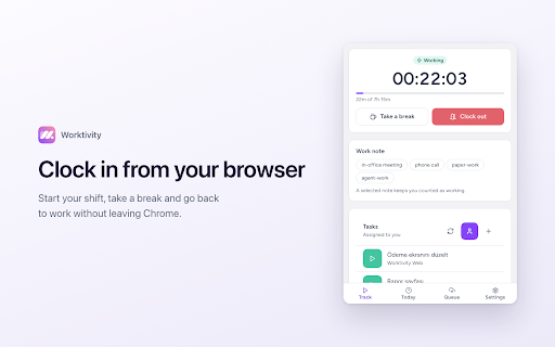 Worktivity Time Tracker :: Clock in, take breaks and log time to your tasks, straight from Chrome. No desktop install needed.
