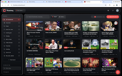 Thumbsy :: Thumbsy is the thumbnail research and production tool built for YouTube creators who take design seriously.
Hover any video on…
