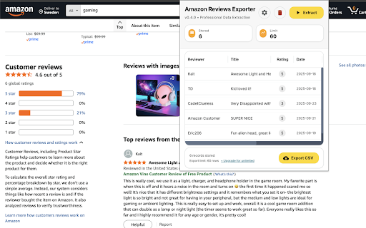 Amazon Reviews Exporter :: Extract reviews from the current Amazon product reviews page and export to CSV.
