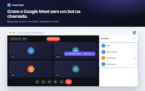 Gravô — Gravador de Meet, Teams e Zoom sem bot :: Grava reuniões do Meet, Teams e Zoom (pelo navegador) 100% no seu computador, sem bot. A gravação não vai para servidores do Gravô.