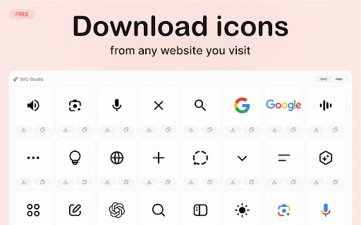 SVG Studio: Download icons instantly :: Finds vectors on websites, displays them in a sidebar, and allows copying or downloading with unique filenames.