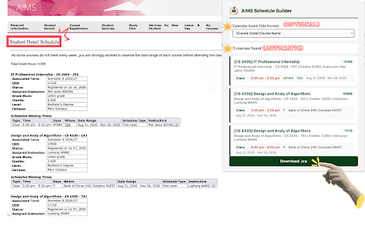 CityU Calendar Automator :: Automatically export your CityU AIMS timetable to Google Calendar, Apple Calendar, or Outlook