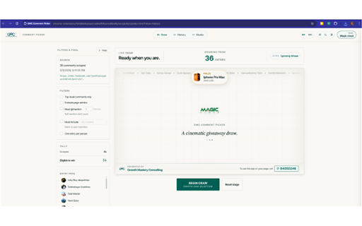 GMC Comment Picker :: Pick fair winners from Facebook, Instagram & YouTube giveaway comments — cinematic animations, custom logo, crypto-fair selection.