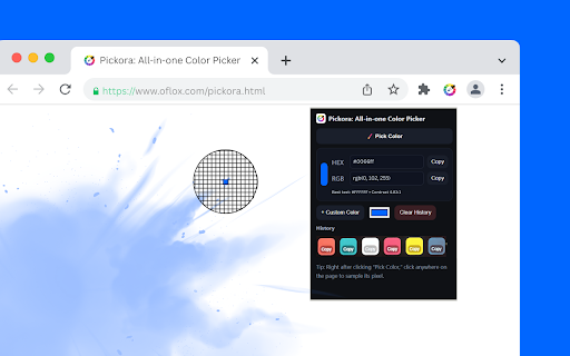 Pickora: All-in-one Color Picker :: All-in-one color picker with custom colors, last six history, and clear option.