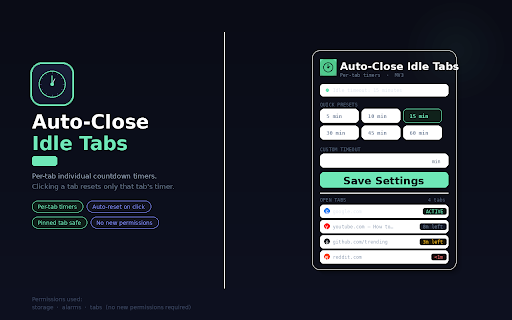 Auto-Close Idle Tabs :: Automatically closes tabs that have been idle. Each tab has its own individual countdown timer with snooze and restore history.