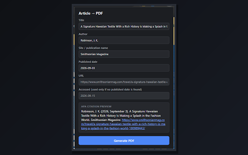 Article to PDF + APA Citation :: Extracts a webpage's article content, appends an APA citation, and saves it as a PDF.