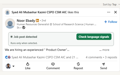 Fake Job Detector :: Scores LinkedIn feed job posts for likely authenticity. A heuristic signal, not a verdict.