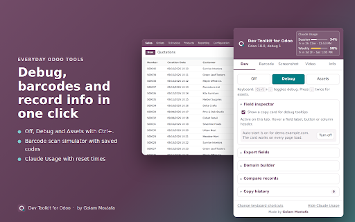 Dev Toolkit for Odoo :: Odoo developer toolkit: debug switcher, field inspector, domain builder, record compare, barcodes, screenshots, recording.
