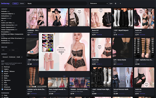 bettermp :: A better way to browse Second Life Marketplace: infinite scrolling, larger image previews, body filters, and dark mode.