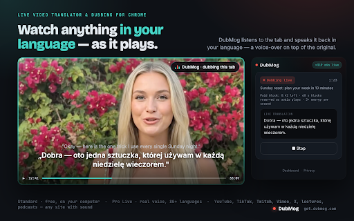 DubMog — Live Video Translator & Dubbing :: Dub any video into your language as it plays. Free Standard mode on your computer, Pro Live for a real voice in 80+ languages.