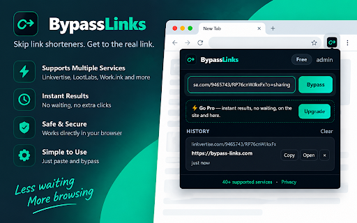 BypassLinks - Auto Link Bypasser :: Get the final destination of Linkvertise, LootLabs, Work.ink, Lockr and 40+ ad-link services in one click. Free, with link history.