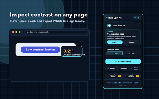 Blind-Spot Pro – WCAG Contrast Checker :: Local-first WCAG contrast audits, color suggestions, visual simulation, and export tools for designers and developers.