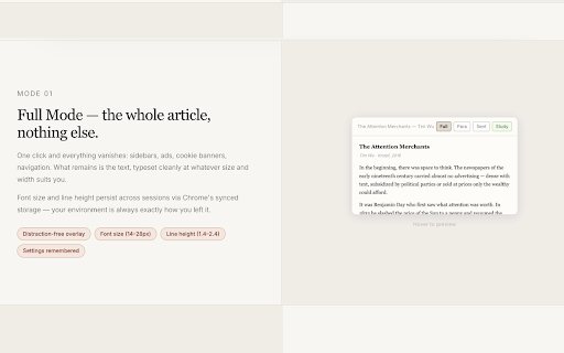 Liminal Reader :: A distraction-free reading extension with customizable modes for better focus.