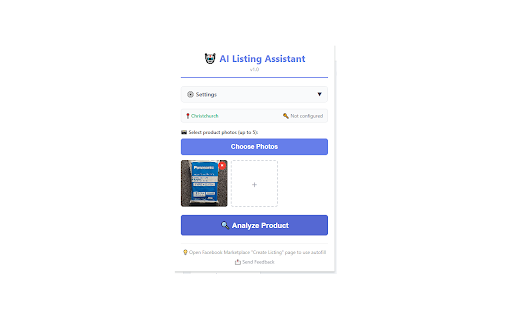 Marketplace AI Lister :: Generate Marketplace listings with AI. Upload a photo and get title, price, description, and category auto-filled in seconds.