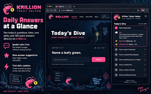 Krillion Assistant - 7,000m Solver :: Side panel companion for krillion.io. Detects daily prompts, displays verified 100-point rare answers, and auto-fills in 1 click.