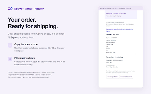 Optivo · Order Transfer :: Copy orders, fill AliExpress addresses, draft customer replies and keep your Optivo prompt library close at hand.
