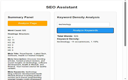 SEO Assistant :: Analyze webpages for SEO metrics.