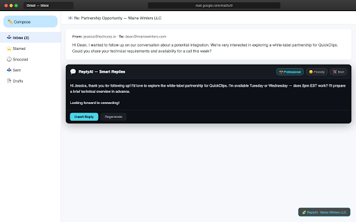 ReplyAI - Smart Email Replies :: Write Gmail & Outlook replies in seconds with free on-device AI — no key, no signup. Pick a tone, get a ready-to-send draft.