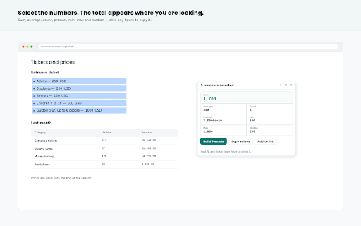 Sum Up — Select Numbers to Add Them :: Sum, average and count for any numbers you select. Collect prices across pages, then export the formula to Excel.