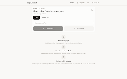 Page Cleaner :: Open the current page in a clean Chrome side panel with AI analysis.