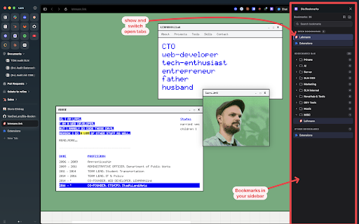 Dia Bookmarks :: Bookmarks sidebar for Dia: search, drag & drop, peek windows — and jump to already-open tabs instead of opening duplicates.