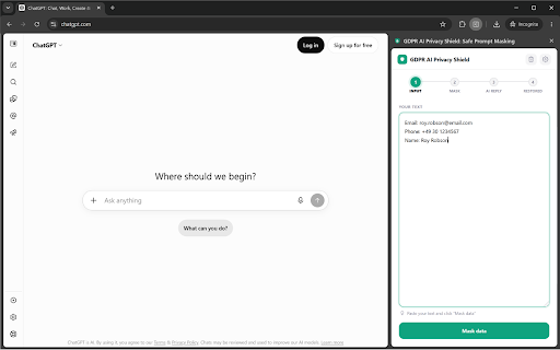 ChatDataMask: Data Leak Prevention for ChatGPT & Claude (GDPR) :: Local PII masking via tokenization: redact client names, contracts & financial details before ChatGPT or Claude see them