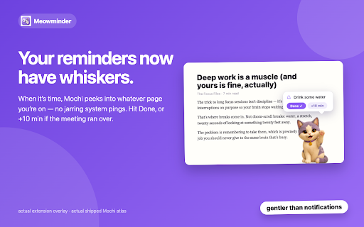 Meowminder — Cute Cat Reminders :: A little cat peeks in from the side of your screen with your reminder. Water breaks, routines, one-time reminders. 100% local.