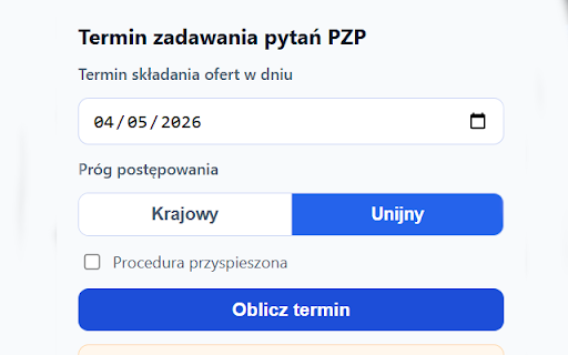 Kalkulator terminu zadawania pytań PZP :: Oblicz ostatni dzień na złożenie pytań do zamawiającego zgodnie z ustawą PZP. Narzędzie dla wyszukiwarki ZnajdzPrzetargi.pl