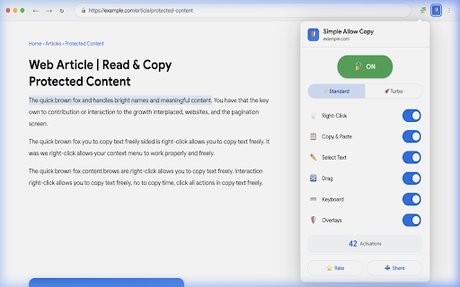 Simple Allow Copy :: 🔓 Free & Fast — Enable right-click, copy, paste & text selection on any website. One-click, no data collected!