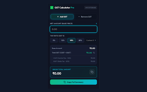 GST Calculator Pro :: A sleek, premium calculator for GST (Goods & Services Tax) with live Indian CGST/SGST splits and history tracking.