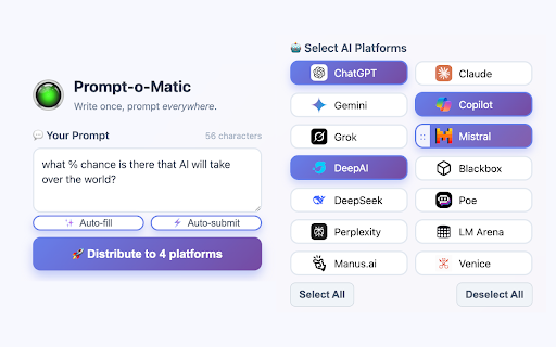Prompt-o-Matic: Multi-AI Prompt Distributor :: Write once, distribute everywhere. Send your prompts to multiple AI platforms instantly with a beautiful, modern interface.