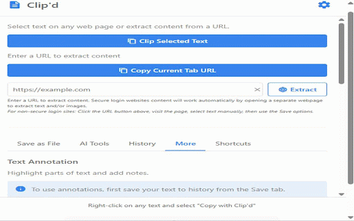 Clip'd :: Select, mark up, and copy text/images from web pages — export, send to clipboard, or save with annotation and AI OCR support!!