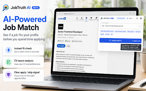 JobTruth AI :: Open any job listing and get instant AI analysis based on your CV: fit score, red flags, salary match and improvement tips.