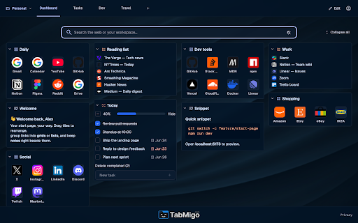 TabMigo — Visual Bookmark Manager & New Tab :: Visual bookmark manager & custom new tab. Save any tab in one click; organize bookmarks, notes & to-dos on tiled workspace boards.